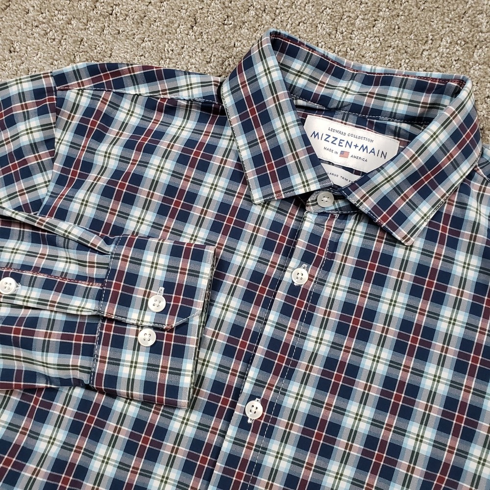 Mizzen+Main Shirt Mens L Trim Fit Blue Plaid Leeward Performance Dress Shirt